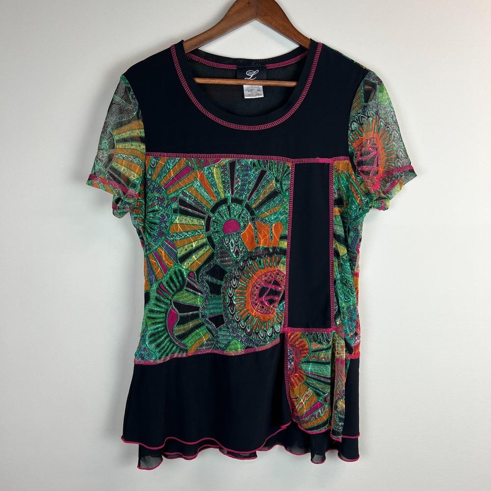 90s Y2K Libra Tunic Top Womens XL Black Mesh Multicolor Artsy Sheer Short Sleeve